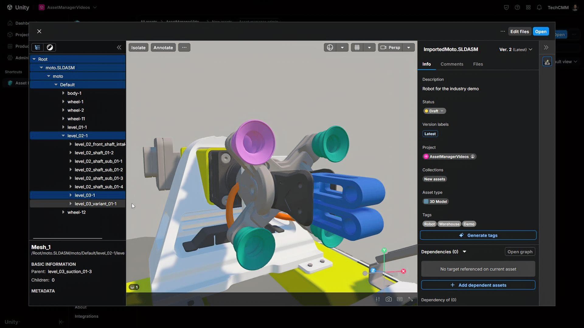 Überprüfung eines Assets und seiner Hierarchie im Unity Asset Manager