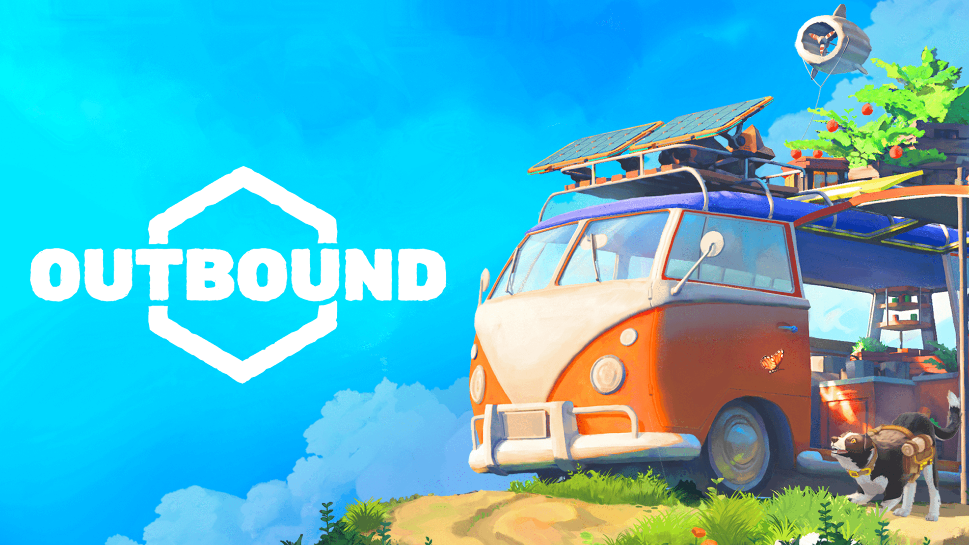 Key art for Outbound by Square Glade Games, Made with Unity. An orange camper van with solar panels against a blue background. To the right of the van in the corner is a small dog with bags strapped to its body.