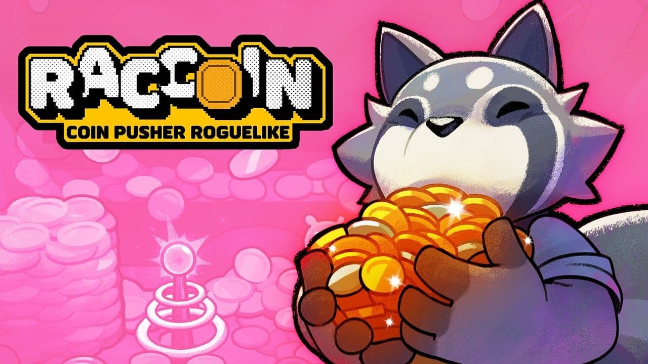 Key art for RACCOIN: Coin Pusher Roguelike by Doraccoon, Playstack | Made with Unity. A raccoon gleefully holding a pile of gold coins.