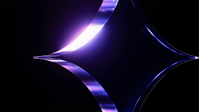 A stylized, four-pointed star or diamond shape, formed by four curved, translucent ribbons of glass or metal. The object is set against a solid black background. The edges of the ribbons are highlighted with a glowing, vibrant violet and blue light, giving the form a sleek, modern, and futuristic aesthetic.