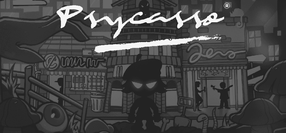 Psycasso® 키 아트, 도시 풍경을 배경으로 한 위협적인 인물이 밤에 윤곽을 드러내고, 게임의 아트는 예술가의 서명처럼 스타일링되어 있습니다.