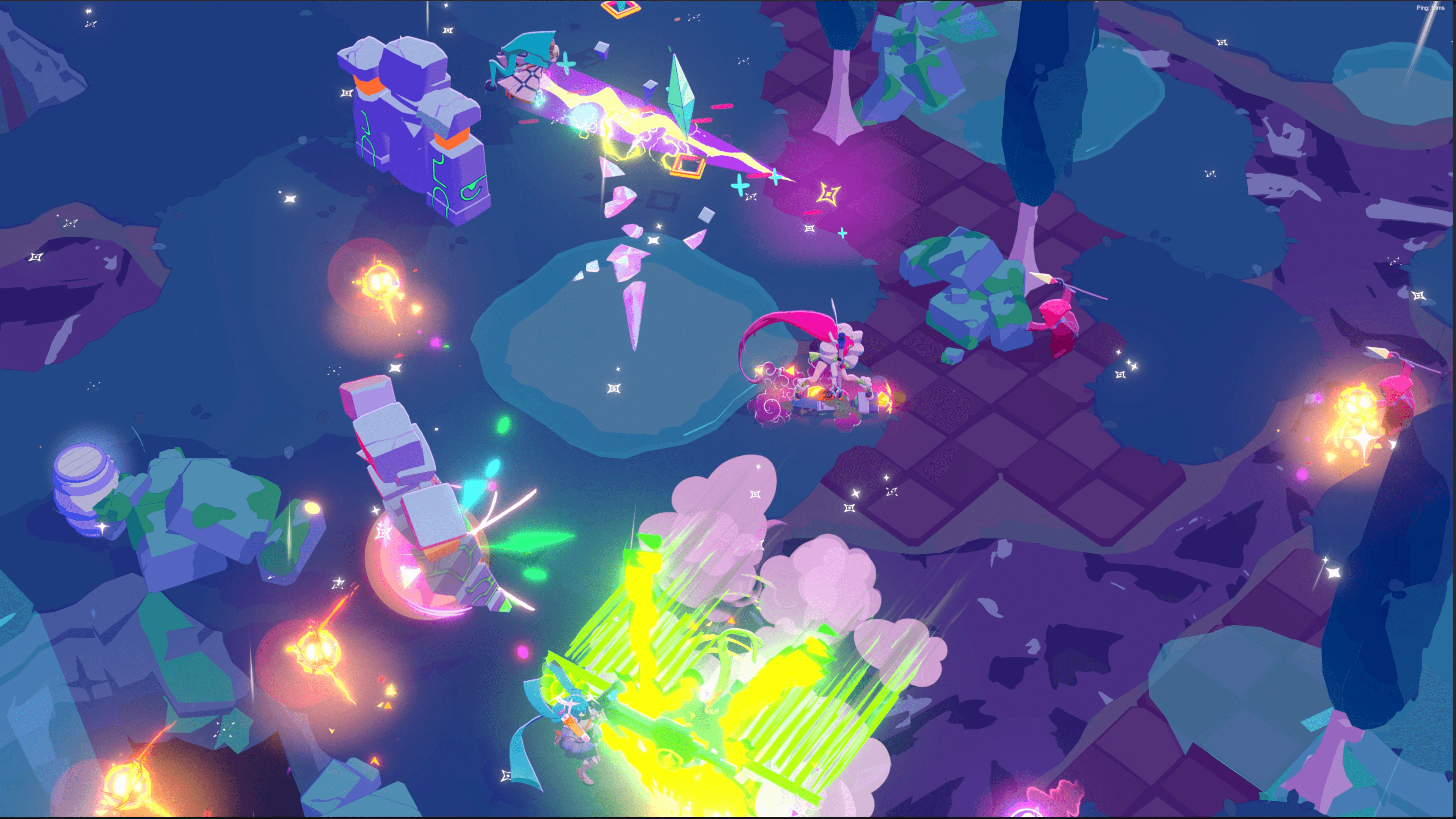 In-game screenshot from Starlight Re:Volver | Made with Unity – Isometric view of several magical girls exploring a brightly colored gameworld.