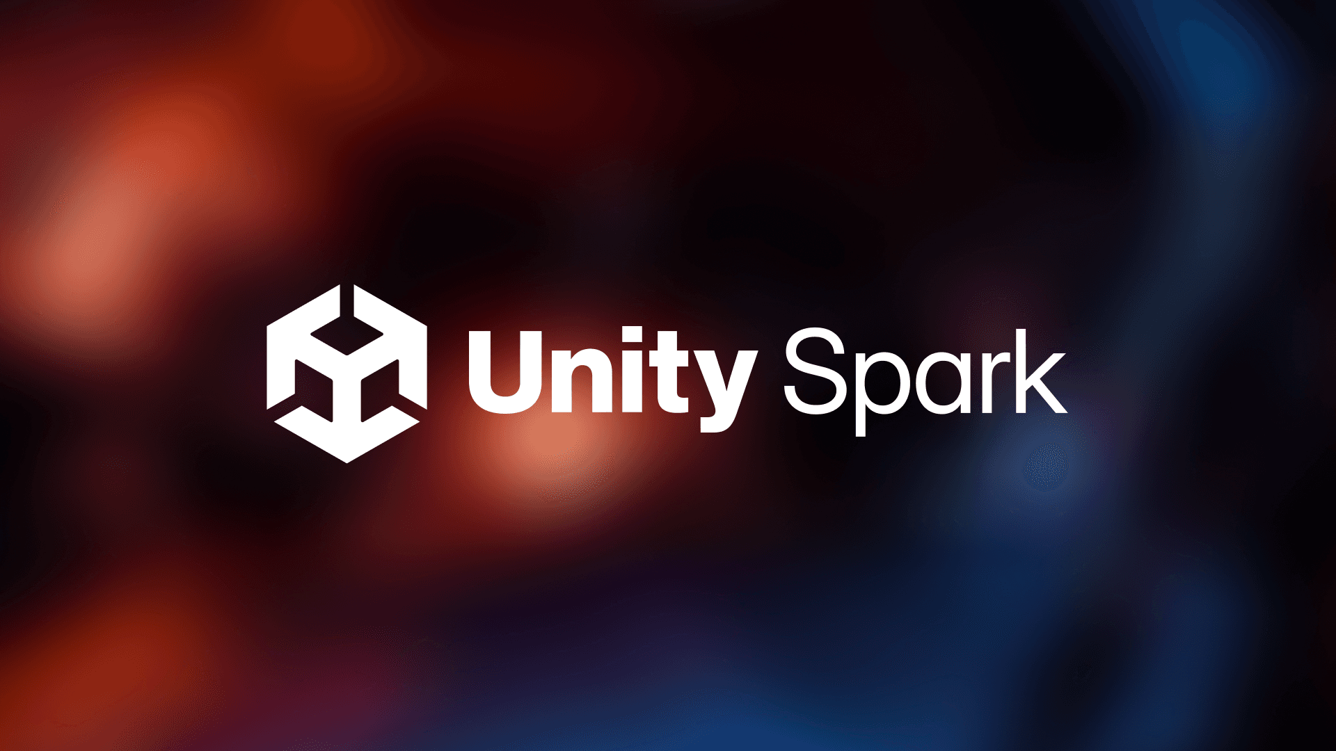 Unity Spark logo: the white Unity cube icon beside the words "Unity Spark," on a blurred dark background with orange-red and blue light.