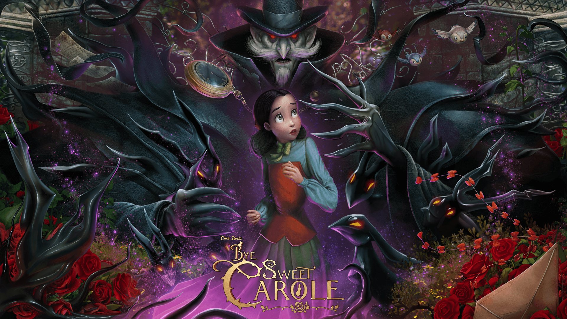 Key art from Bye Sweet Carole by Little Sewing Machine and Dreams Uncorporated | Made with Unity. Illustration of a young woman looking up fearfully at a red-eyed, mustachioed figure with long fingers who wears a tophat. Branches curl around the image.