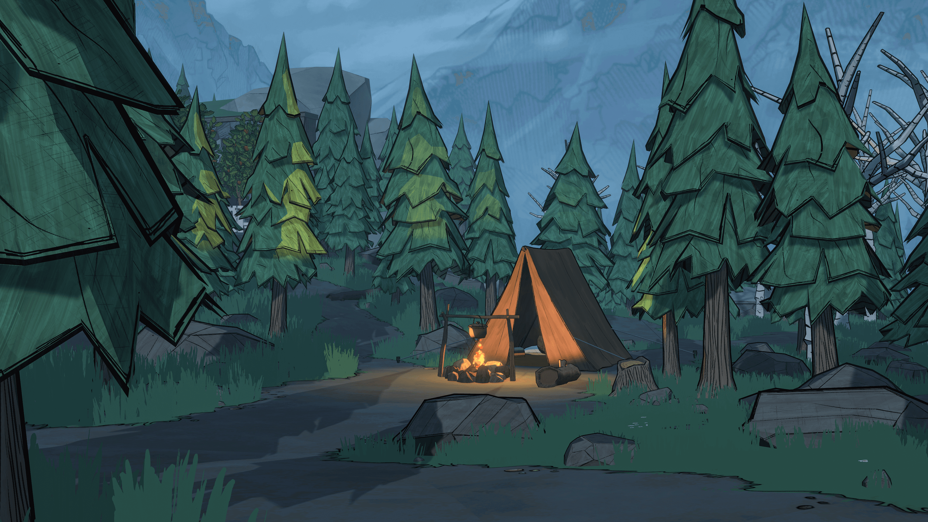 In-game screenshot of Blue Prince, Made with Unity. A campsite at dusk. The orange tent is lit by the glow of a campfire and flanked by trees with misty mountains in the background.