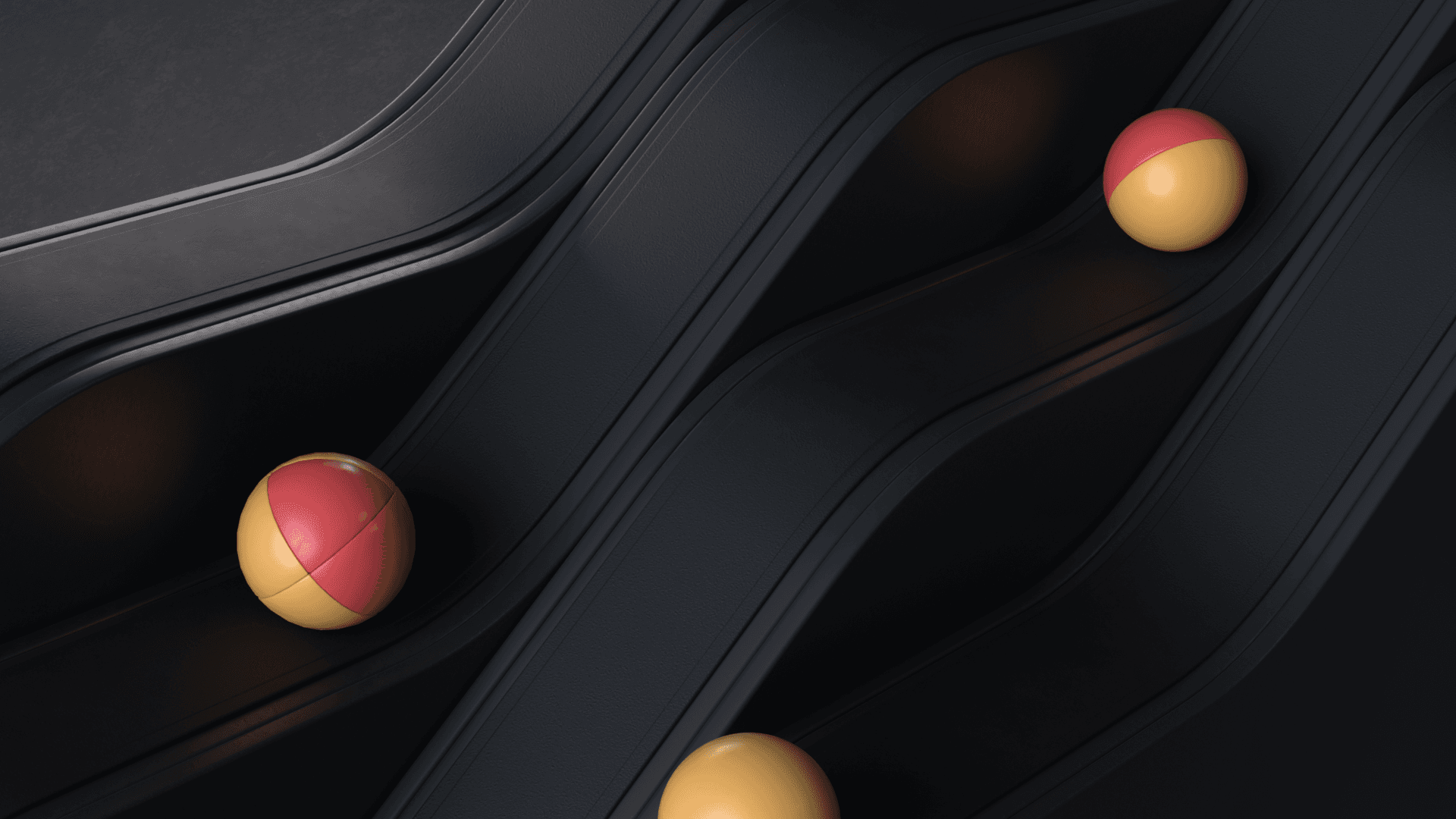 Изображение красных и желтых сфер, катящихся вниз