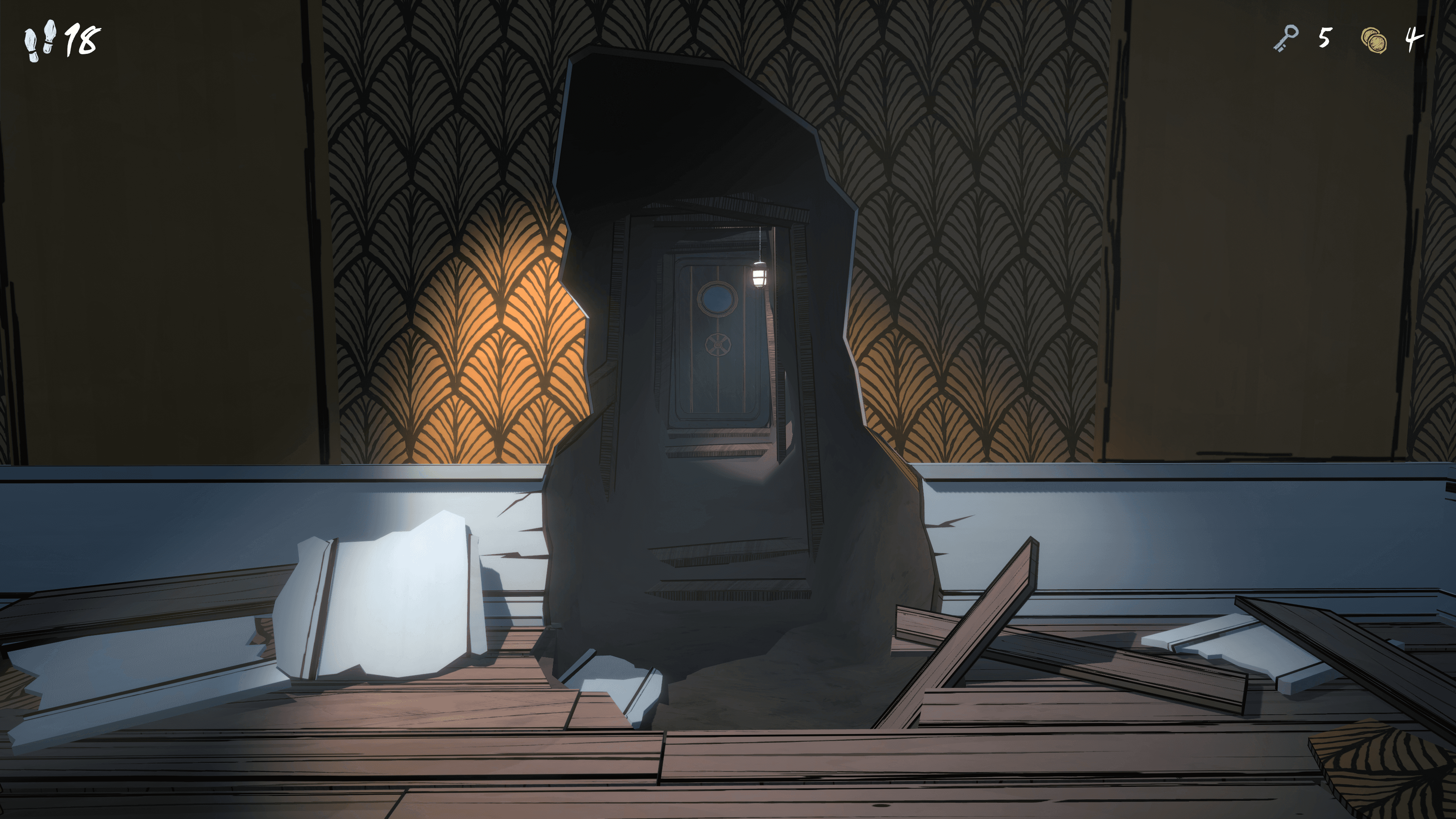In-game screenshot from Blue Prince, Made with Unity. A dimly lit hallway with wooden floors and scalloped 1920s wallpaper. A hole has been knocked into the wall, leading into a tunnel. Broken pieces of the wall lay scattered about.