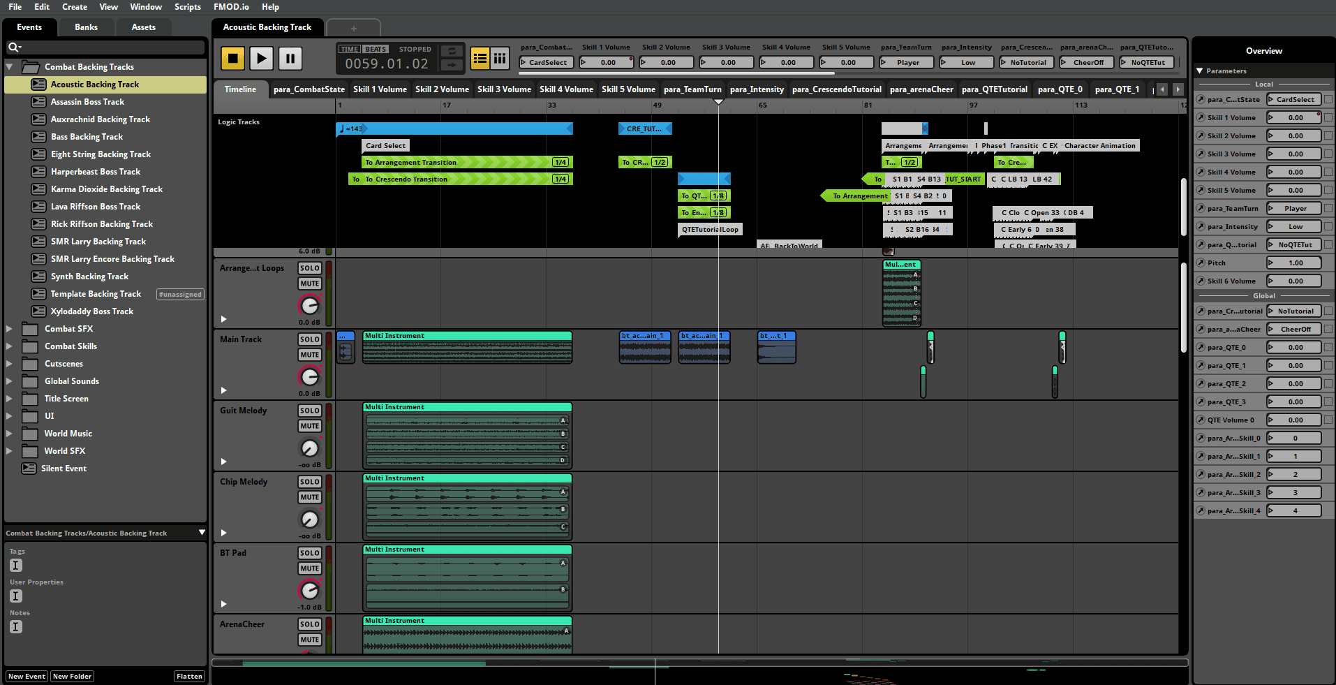Screenshot of the FMOD for Unity UI, showing the FMOD track for Fretless: Wrath of Riffson's combat music