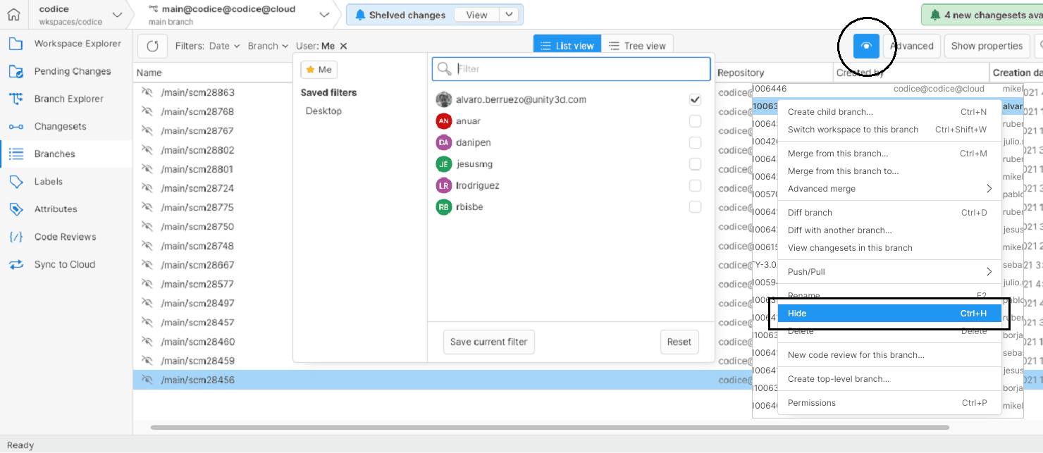Hide Branches in the desktop app image