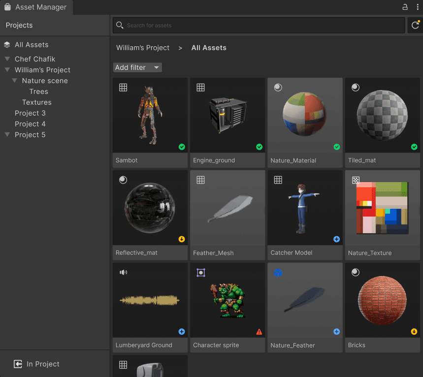 (Unity Editor) Asset tracking, bulk import, collapsable side nav panel image
