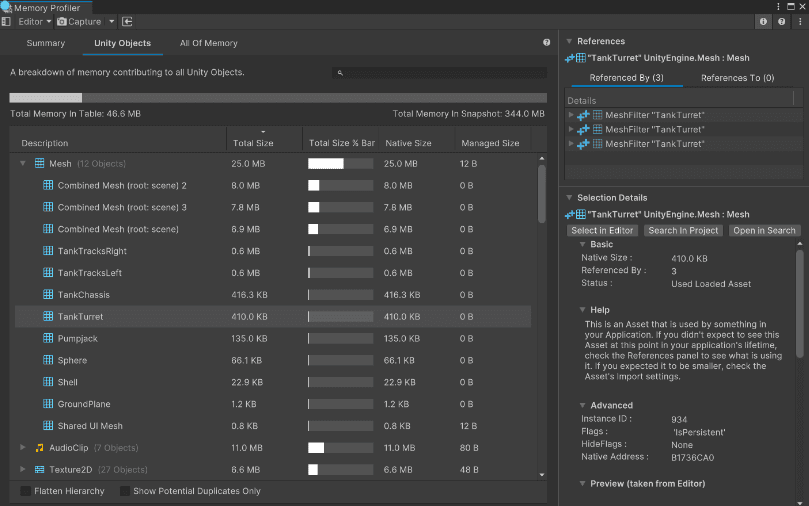 Basic memory profiling tooling with compare snapshot functionality image