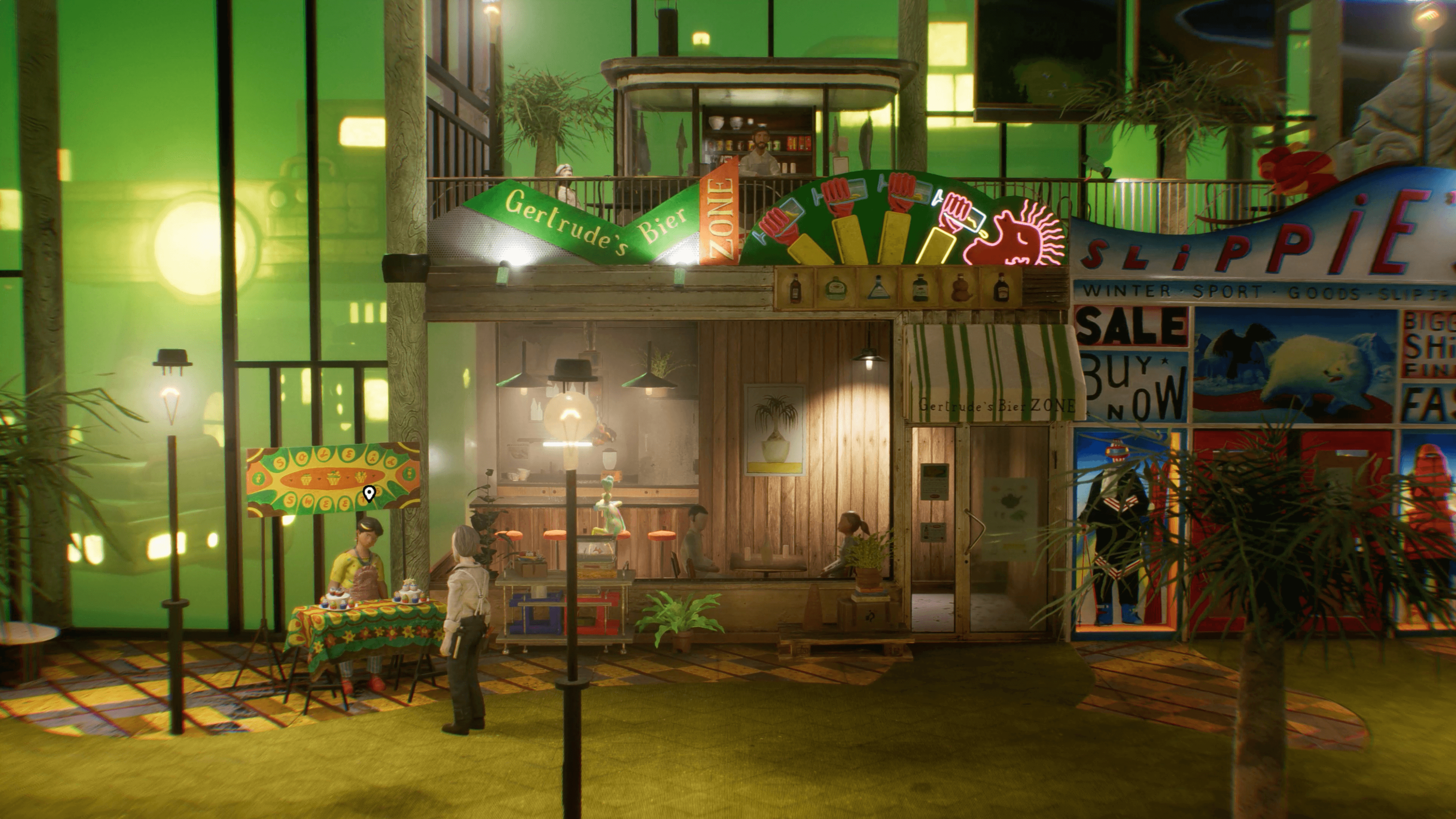 Screenshot showing Harold standing in a shopping center, from Harold Halibut by SLOW BROS.
