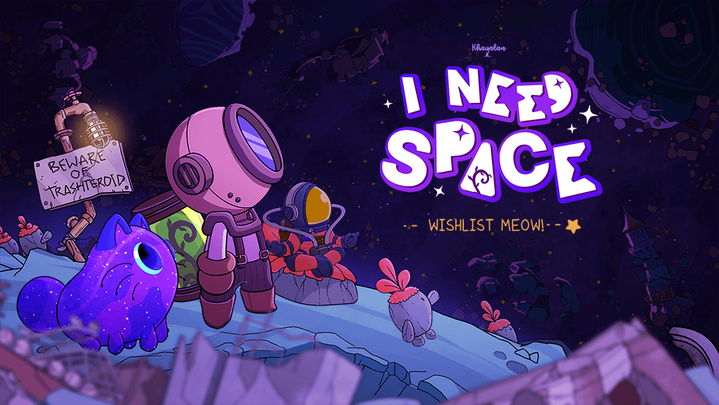 Promotional art for the game "I Need Space" featuring a pink astronaut, a cosmic purple cat, and aliens on a moon with the text "Wishlist Meow!"