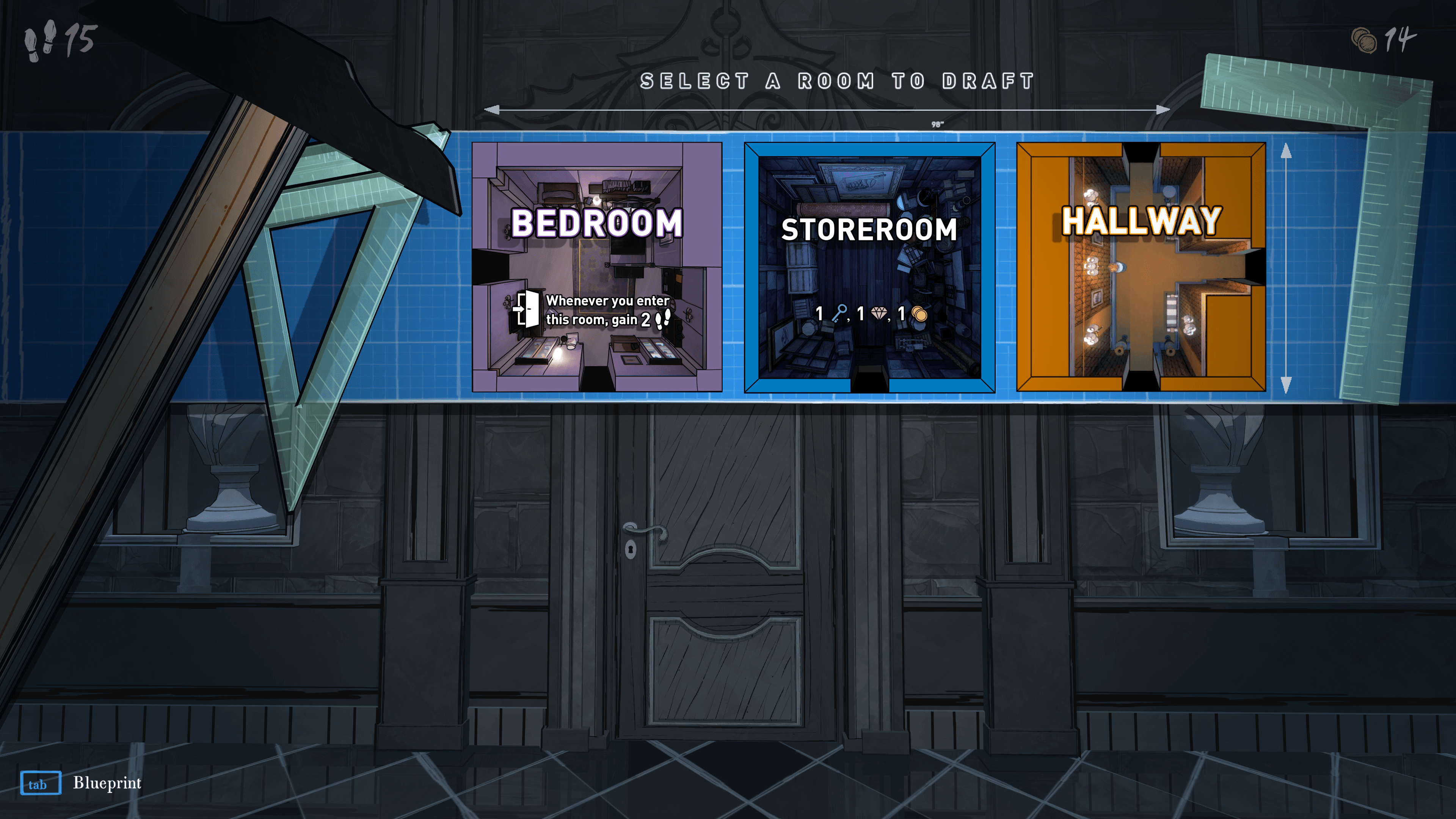 In-game screenshot of Blue Prince, Made with Unity. A visual menu with three squares, each containing a single blueprint: bedroom, storeroom, hallway.