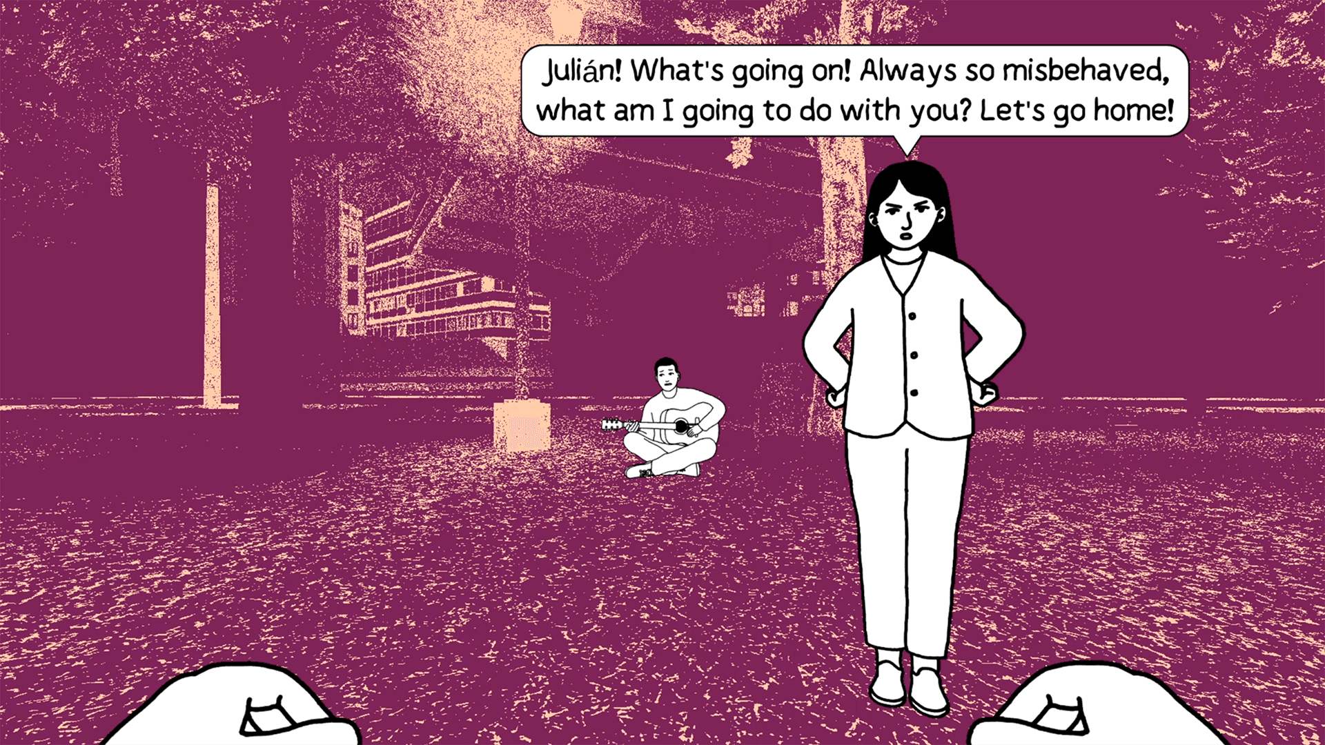 Screenshot from despelote by Julián Cordero and Sebastián Valbuena, made with Unity. Park scene rendered in orange and purple. A black and white illustration of a woman stands, hands on hips, with an angry face. A speech bubble says "Julián! What's going on! Always so misbehaved, what am I going to do with you? Let's go home!" In the background there's an illustrated man sititng on the ground playing acoustic guitar.
