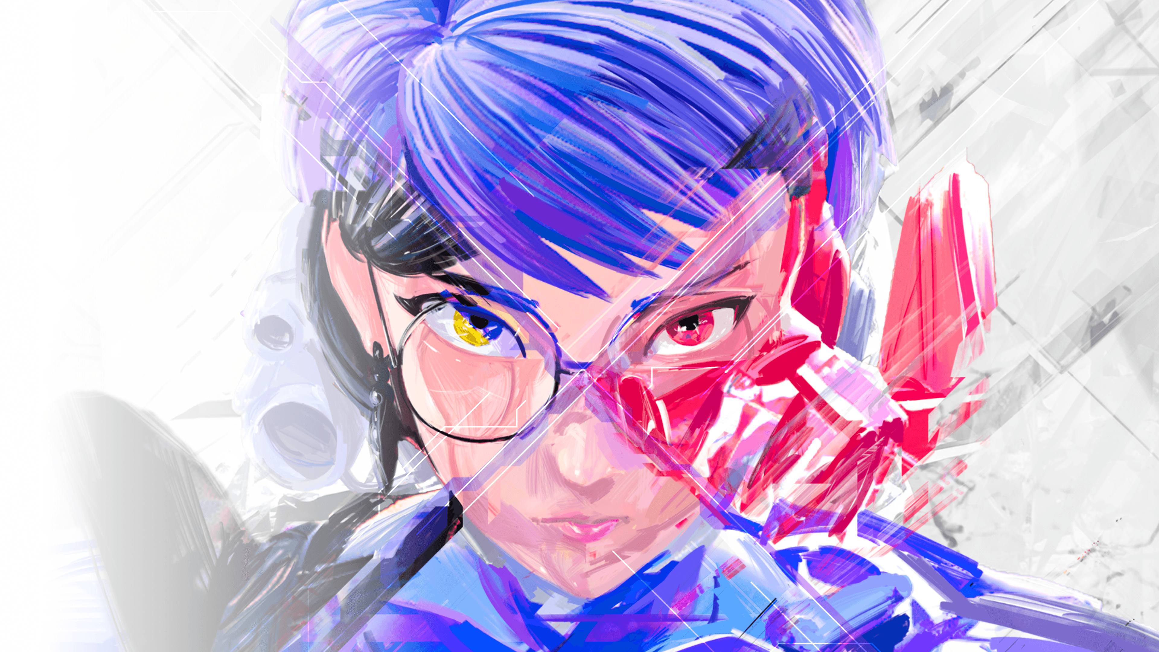 Key art from 1000xRESIST by sunset visitor 斜陽過客 | Made with Unity – A blue-haired, feminine-looking person with glasses stares intently at the viewer. A red, crystalline material is coalescing around the right side of her face.