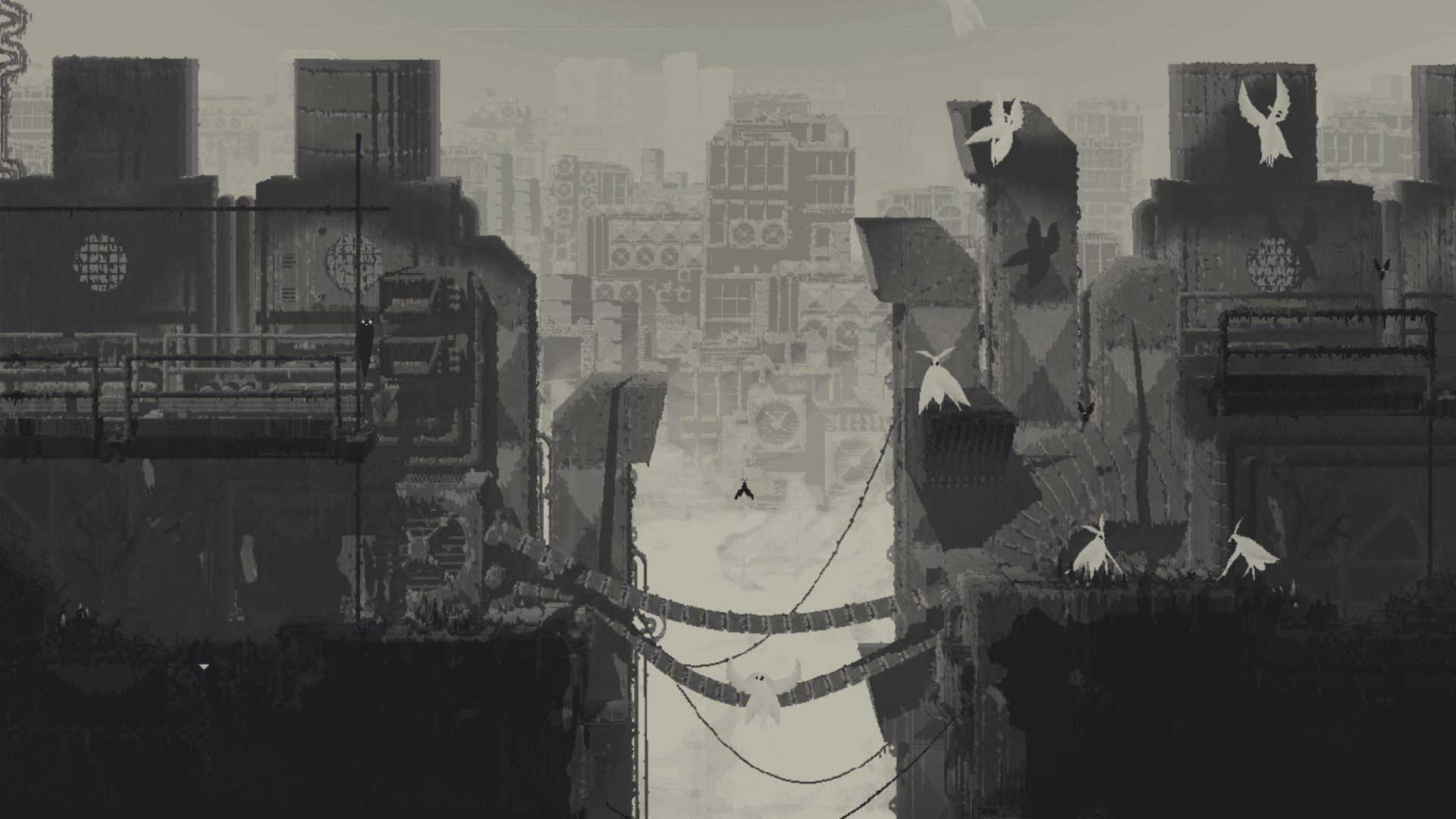 『Rain World』のスクリーンショット:Videocult と kupara Games の『The Watcher』 | Made with Unity。2D でレンダリングされたグレーの産業環境のピクセルアートのスクリーンショット。部分的にケーブルとワイヤーで覆われた溝の周りで、白い天使のようなクリーチャーがはためいています。