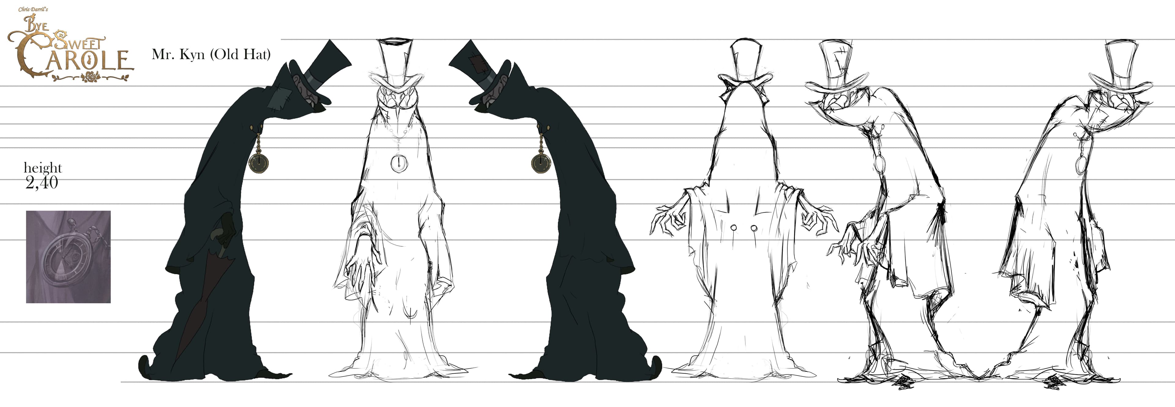 Concept art from Bye Sweet Carole by Little Sewing Machine and Dreams Uncorporated | Made with Unity. Line drawings and silhouettes of a tall figure clad in a long coat with a tophat.
