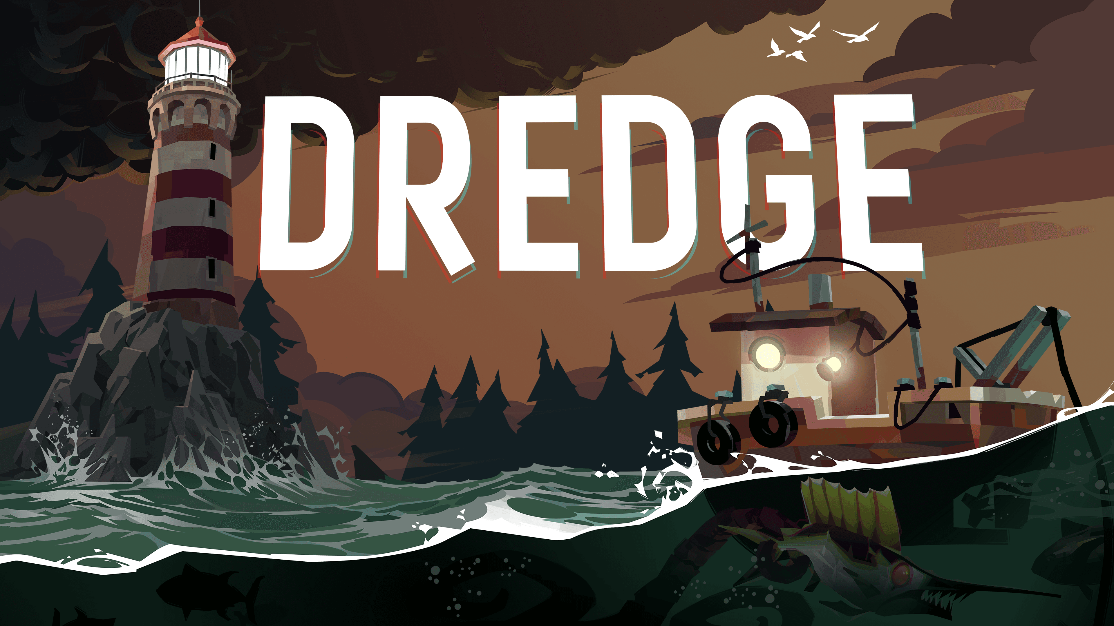 Key art from DREDGE | Made with Unity – An illustration of a fishing boat floating on choppy waters. To the right, slightly in the background, is a red and white striped lighthouse. The sky is a murky brown.